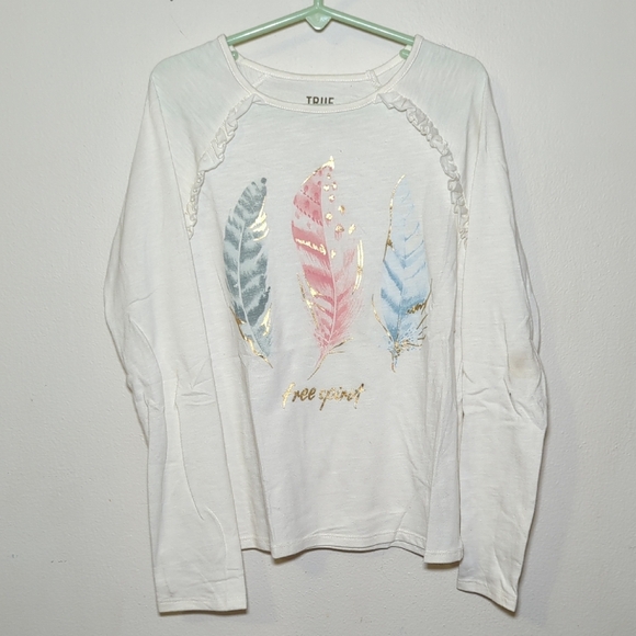 True Craft Sparkly Free Spirit Feather Shirt Long Sleeve Shoulder Ruffles Size 8 - Picture 1 of 6